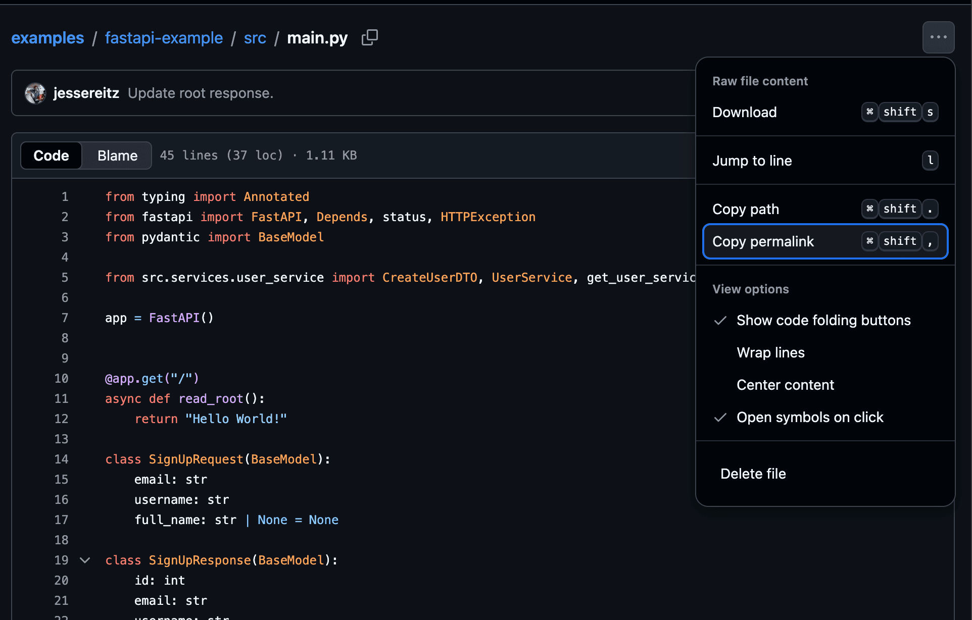 An image showing the the interface to copy a permalink to an entire file in GitHub
