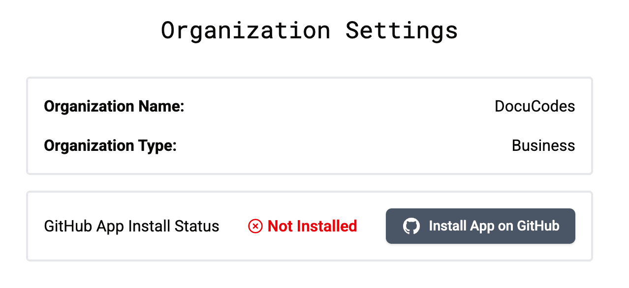 GitHub App installation status in DocuCodes showing the app is not installed