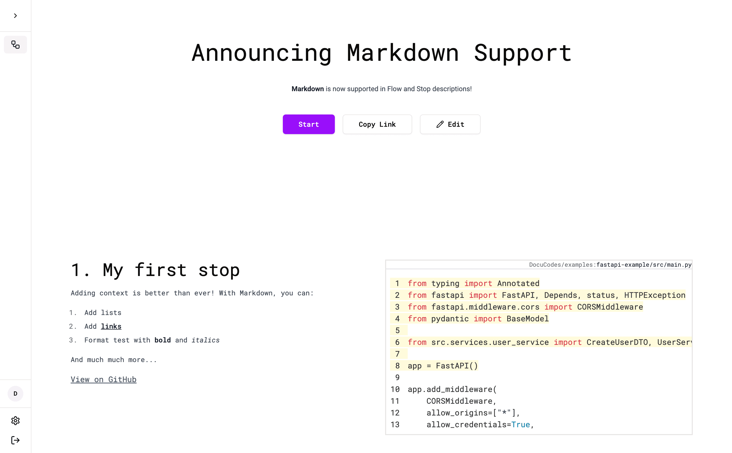 Screen shot of a DocuCodes Flow with Markdown Support