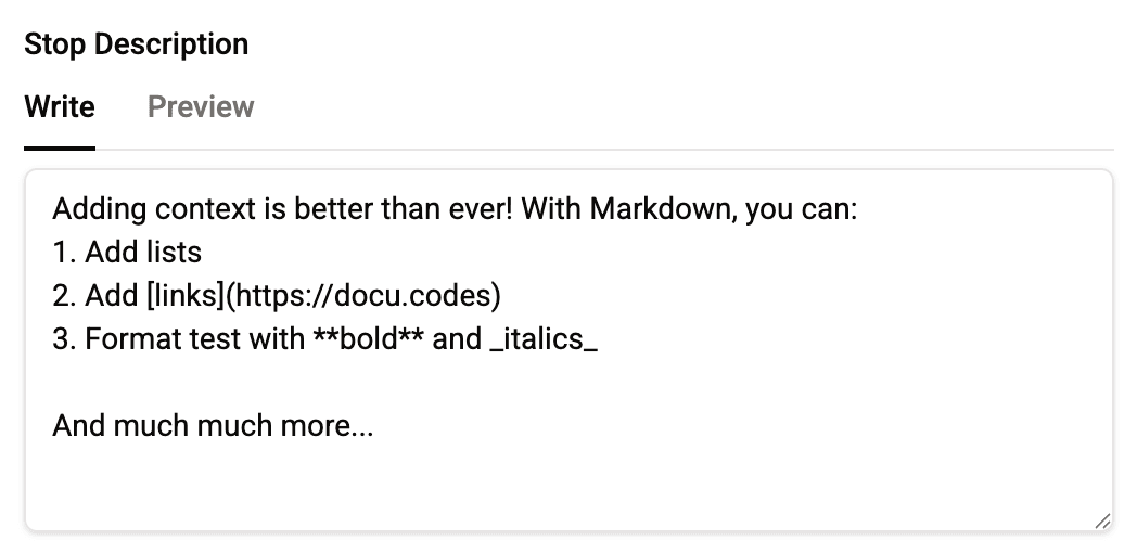 Raw Markdown in a Stop description
