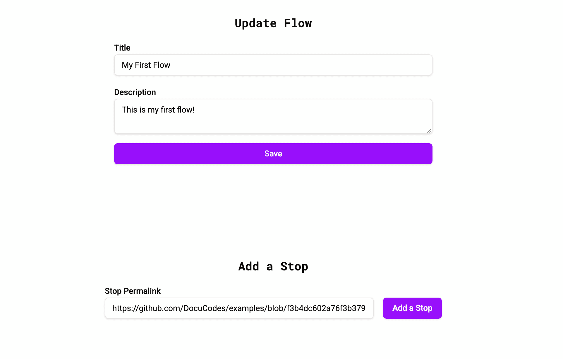 An image showing the "Create Flow Stop" interface of a DocuCodes Flow
