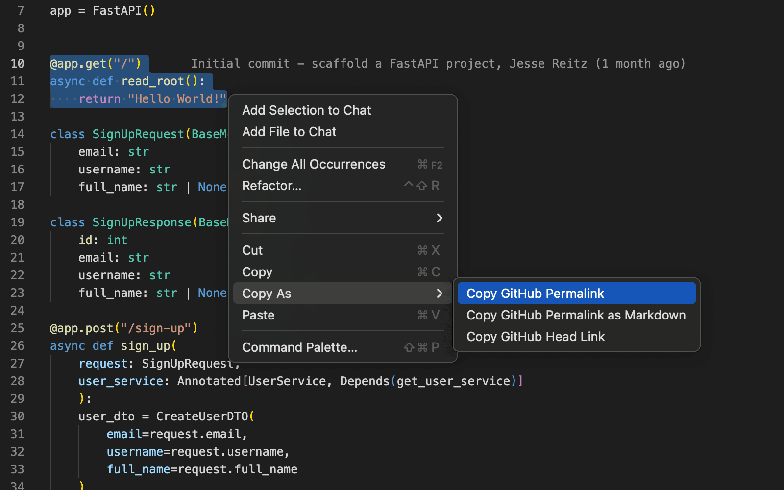 An image showing the "Copy as GitHub Permalink" context menu option in VSCode