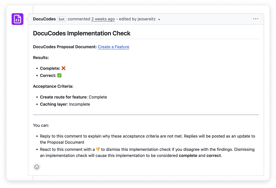 Screenshot showing a comment from the DocuCodes GitHub App showing the results of a DocuCodes Proposal Implementation Check.