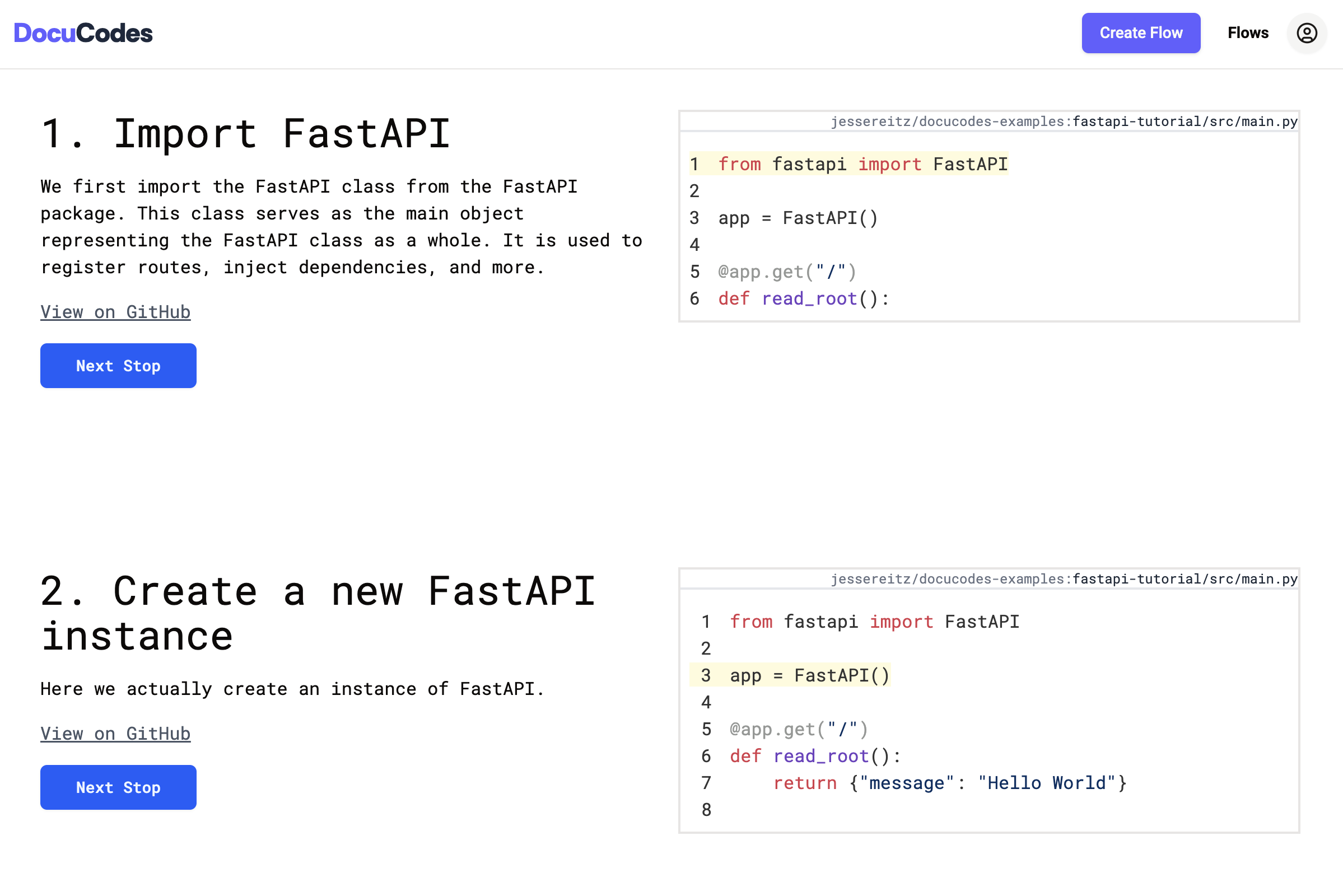DocuCodes interface showing side-by-side documentation and code